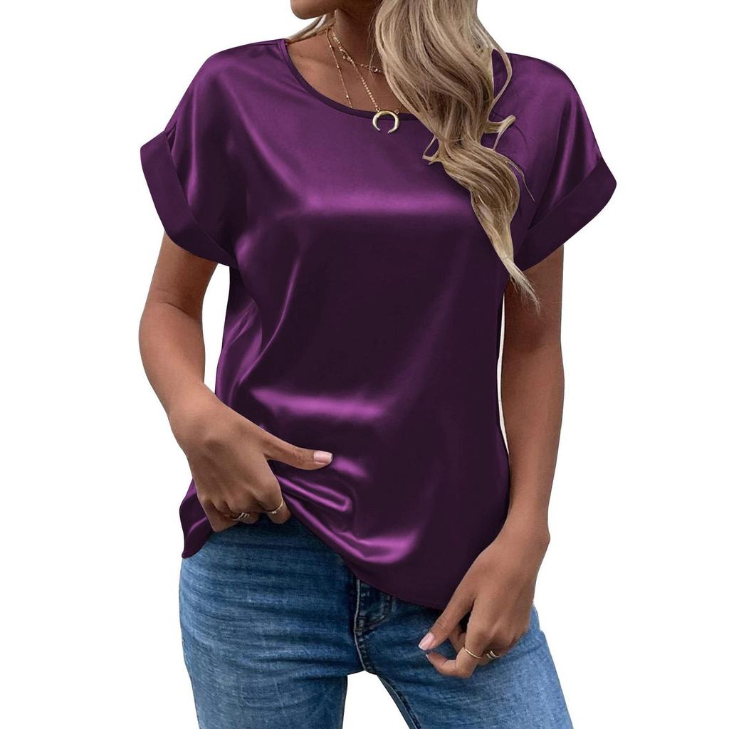 Summer Satin Round Neck Shirt Temperament Solid Color Women’s Blouses & Shirts