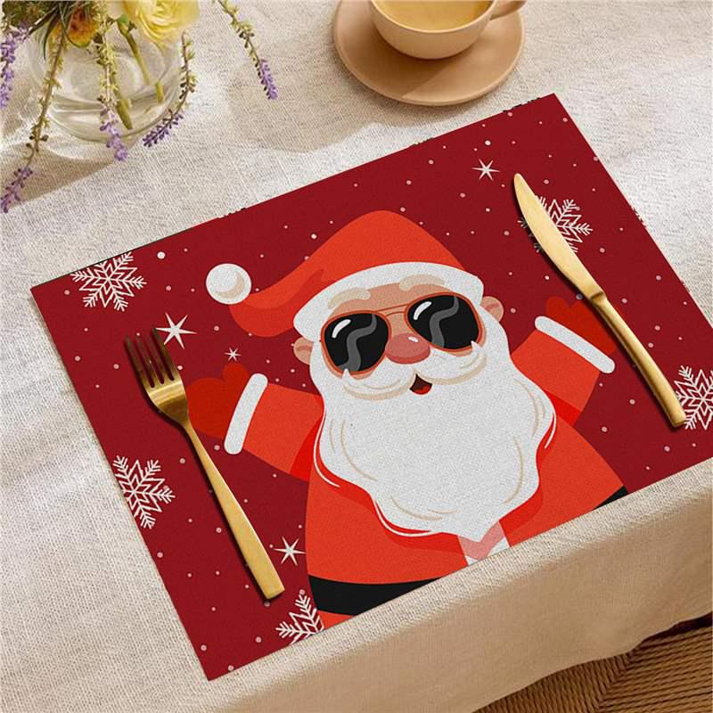 Nordic Christmas Santa Elk Linen Placemat Square, Festive Restaurant Table Decoration