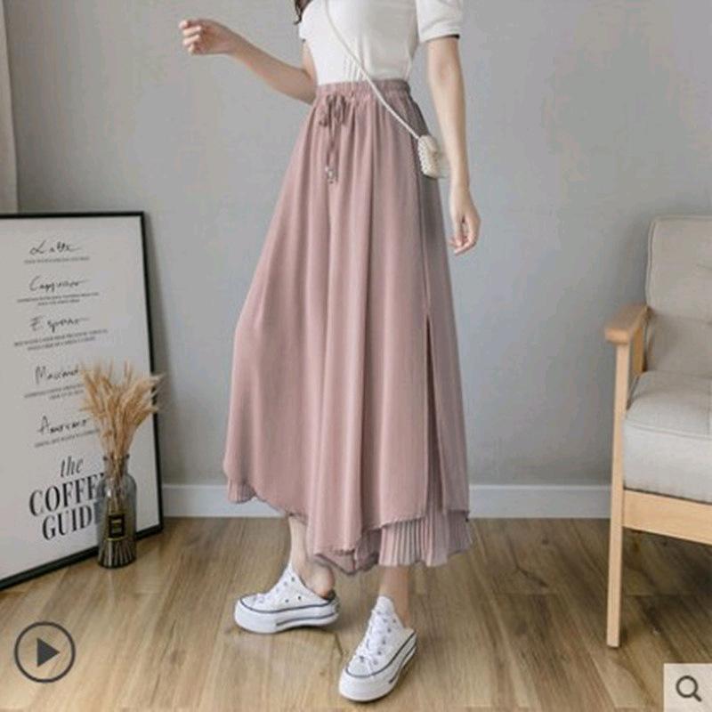 Culottes Elastisch Wijde Pijpen Onregelmatige Zoom Dubbele Laag Casual Losse Geplooide Broek