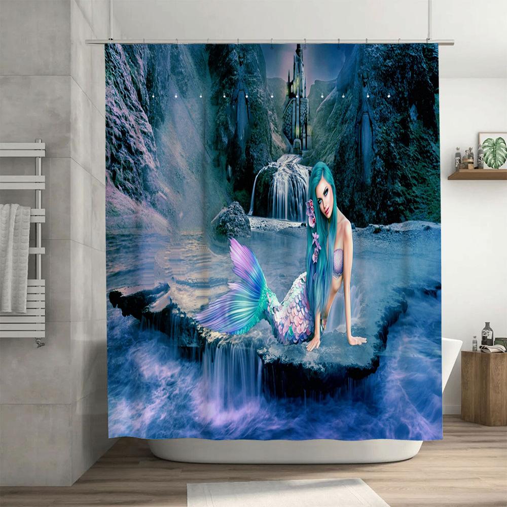 Mermaid Shower Curtain Fairy Tale Castle Fantasy Design Waterproof Fabric Custom Printed for Bathroom Decor Dark Blue Pink Green
