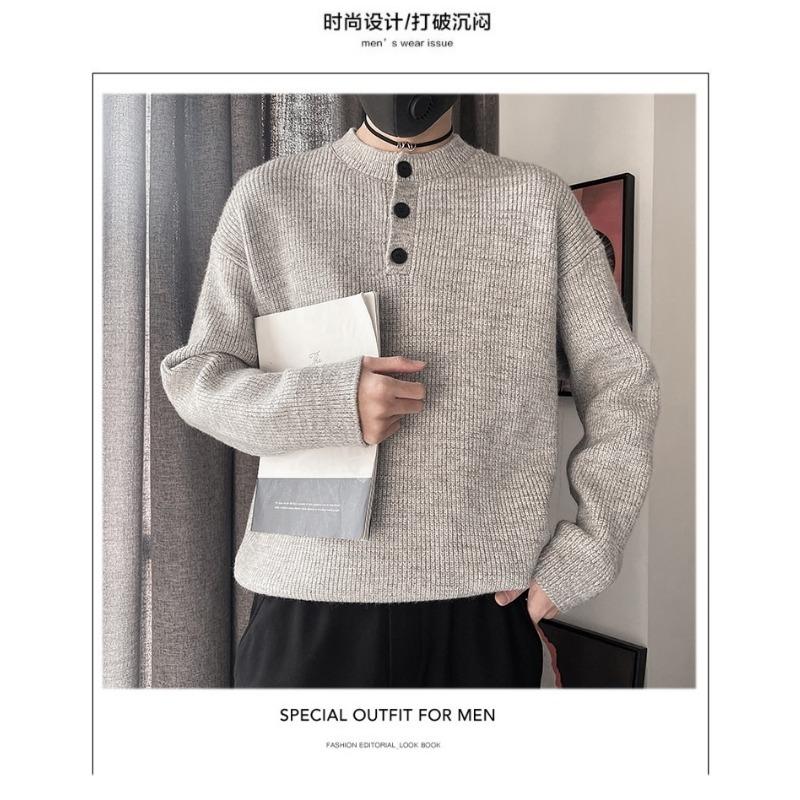 Grey American Retro Henley Neck Men S Knit Sweater Winter Lazy Cleanfit