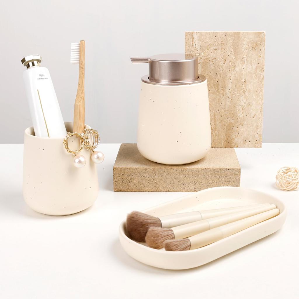 Umlaca Soap Dispenser Set Ceramic Foam Hand Soap Dispenser Storage Toothbrush Washbasin Set Pump Type 320ml Refill Bottle Bathroom Accessories Nordic