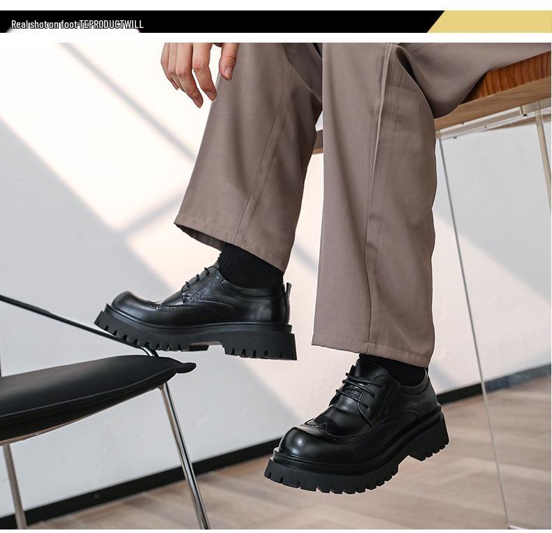 Men's Black Leather Derby Shoes with Thick Sole for Height Increase - British-Style Formal Brogue Round Toe for Weddings and Business.