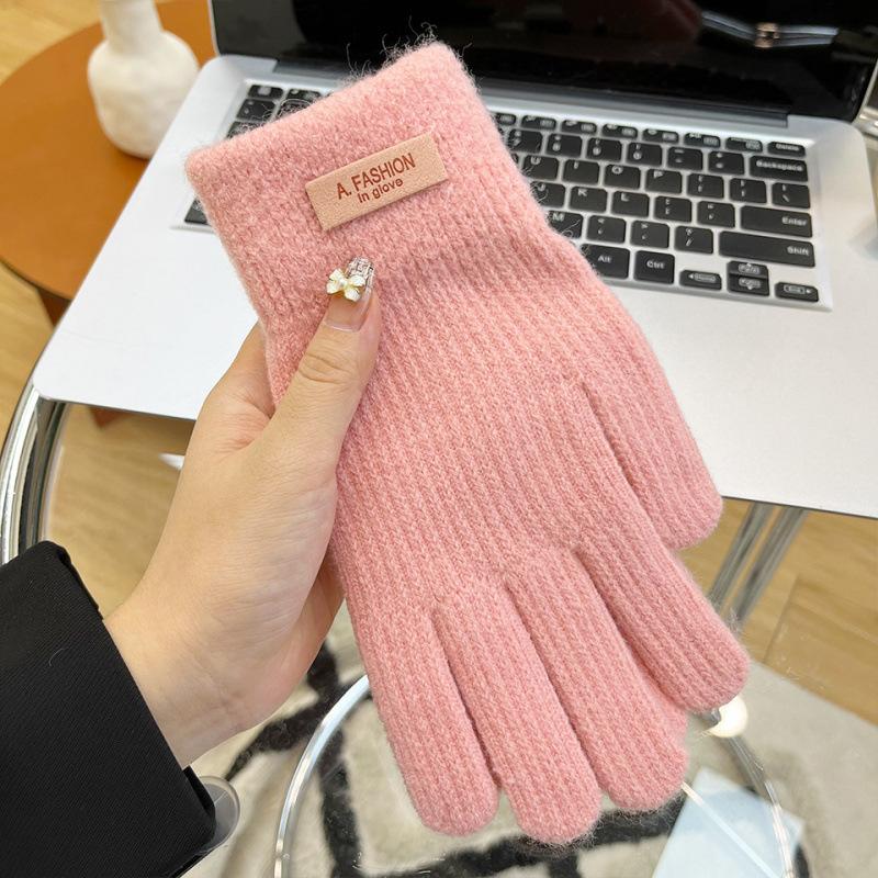 Korean Knitted Wool Gloves Women's Winter Cold Protection Thickened Velvet Candy Color Cycling Bare Fingers Five Fingers