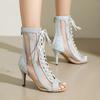 Fish mouth sandals sequined cloth stiletto ultra high heel jazz dance high heels JZZ dance shoes mesh heels booties