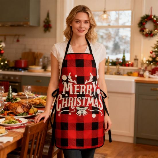 Vánoční zástěra Slavnostní sváteční zástěra s potiskem a kapsou na vaření a servírování Nastavitelný popruh kolem krku Kuchyňská zástěra na vaření, zahradničení, pro číšníka/servírku