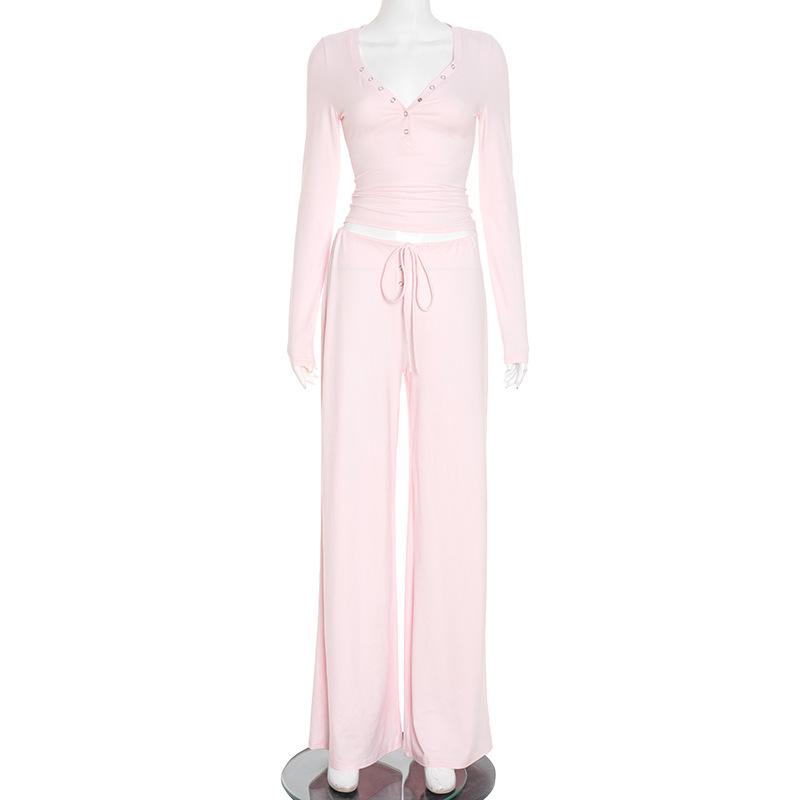 

Light Pink V-Neck Button Down Top and Drawstring Waist Wide Leg Pants 2 Piece Set S