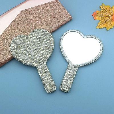 Rhinestone-Embellished Heart-Shaped Handheld Mirror for Makeup Touch-ups
