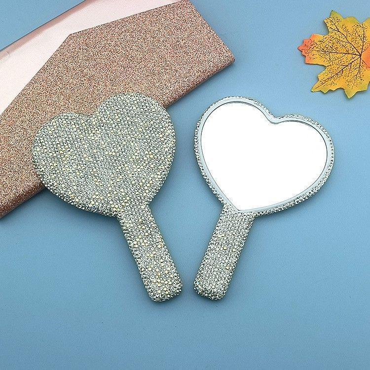 Rhinestone-Embellished Heart-Shaped Handheld Mirror for Makeup Touch-ups