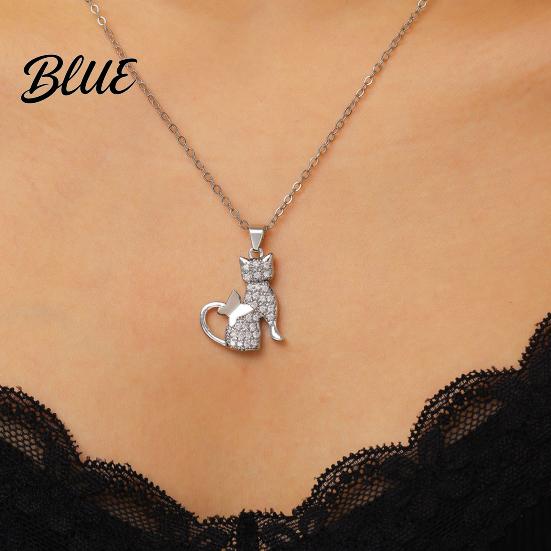 Cat Butterfly Necklace Pendant Cubic Zirconia Cute Kitty Stylish Animal