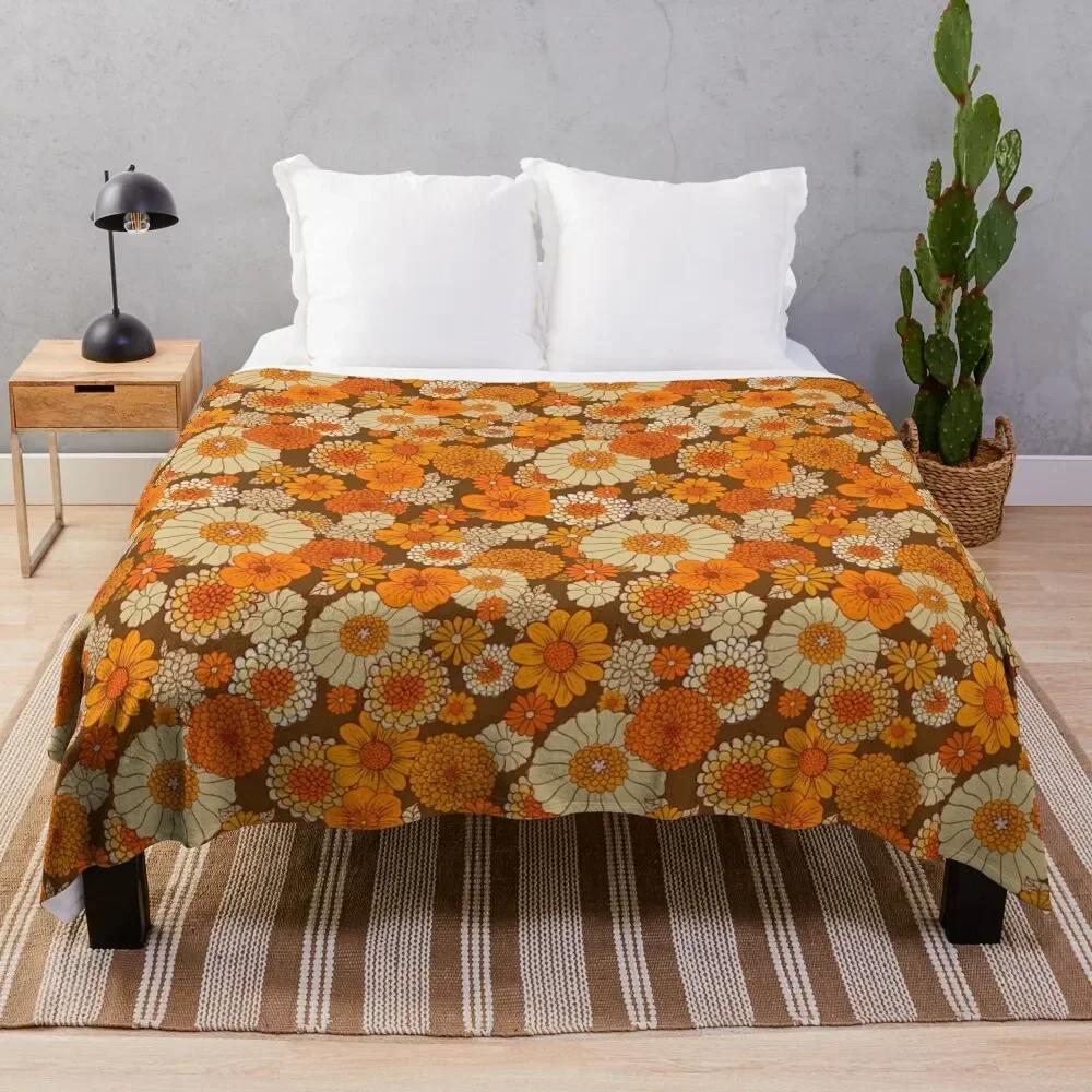 Exquisite Fashion Items Unisex Orange/Brown 70S Retro Daisies, Vintage Flower Power, And Boho, Throw Blanket Fashion Sofas Hairys Flannel Fabric Blankets