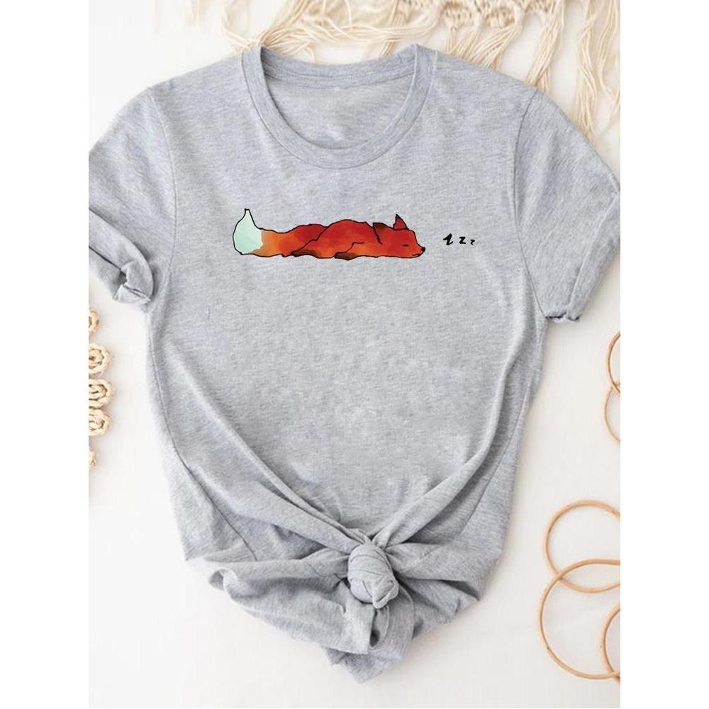 Print T Shirt Short Sleeve Summer Clothes Women Clothing Gray Owl Love Style Trend Cute Basic Tee Top Fashion Graphic T-shirt
