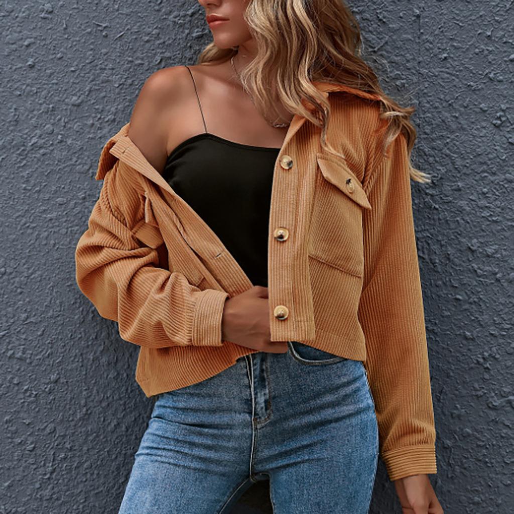 Women's Fashion Casual Corduroy Button Prokets Solid Long Sleeve Shirt Coat