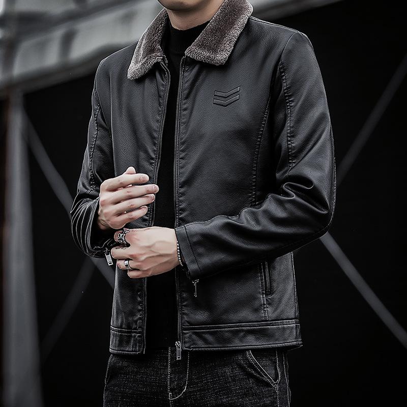 Men's Leather Jacket Plus Velvet Winter New Men's Pu Leather Jacket Lapel Middle-aged Men's Dad Wear Thickened