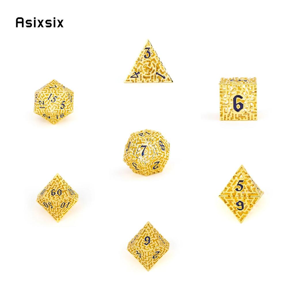 7 Pcs Golden Black Metal Dice Maze Hollow Metal Polyhedral Dice Set Suitable for Role-Playing RPG Board Game Card Game
