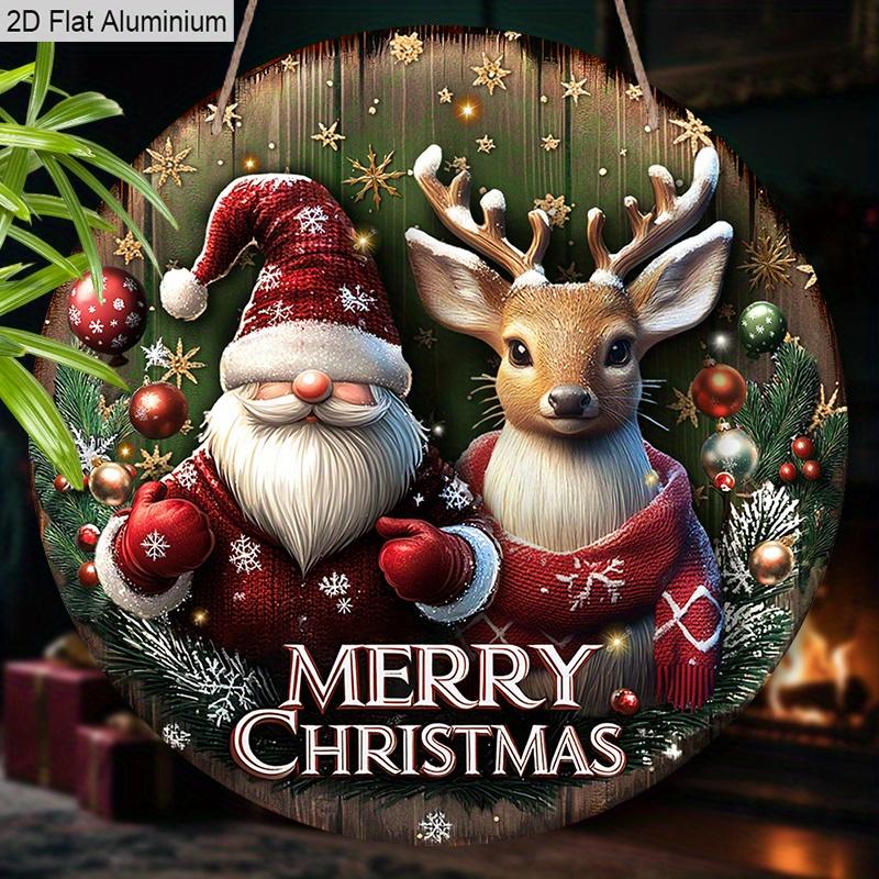 Panneau de Noël Plat en Aluminium 2D avec Motif Père Noël et Élan - Ornements Figurines Rustiques - Idéal pour Porte d'Entrée, Mur, Porche, Décoration de Fenêtre - Idéal