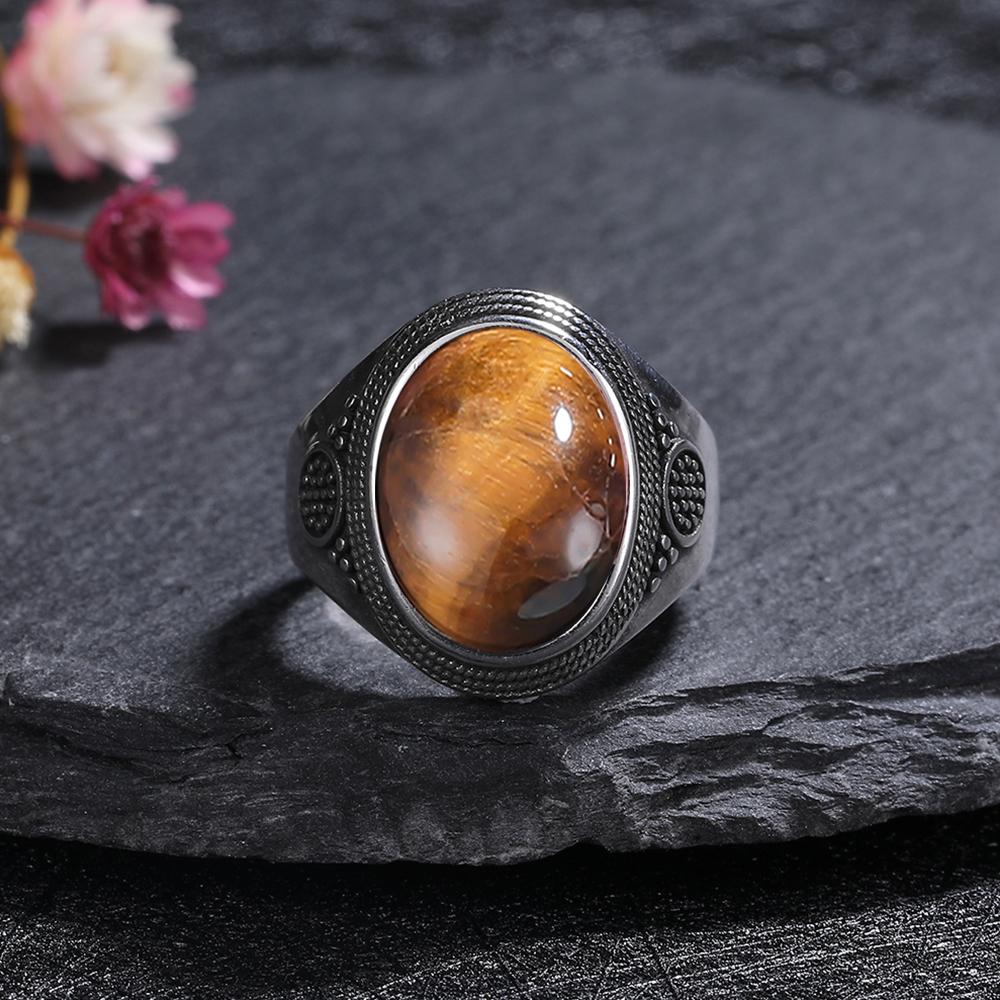 Silver Rings Large Natural 10x14MM Black Agate Ring for Women Men Silver Party Jewelry Tiger Eye Turquoise Lapis