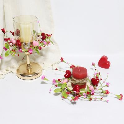 Valentine's Day Heart Candle Ring Wreath Handcrafted Red Pink Berry Centerpiece with Flowers Table Decor for Romantic Dinner