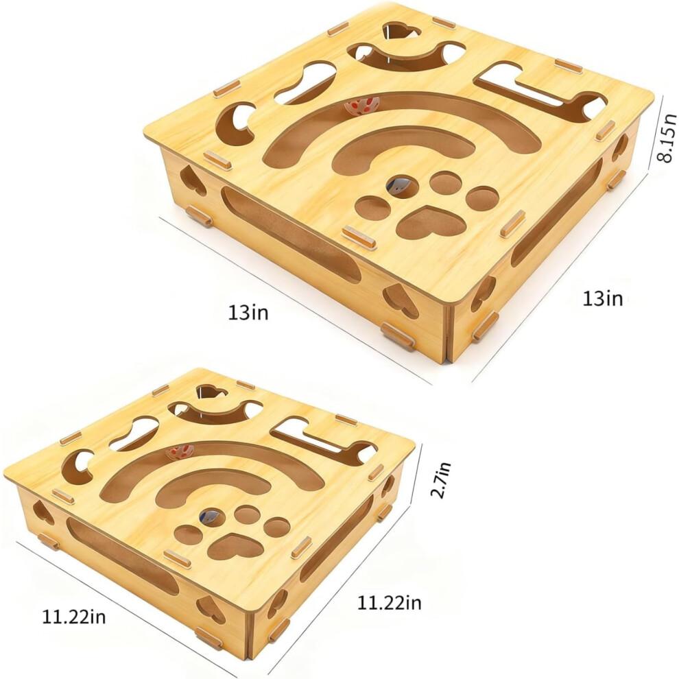 Interactive Wooden Cat Puzzle Toy with Ball & Bell – Indoor Hunting Play Toy Compatible with Cats & Kittens