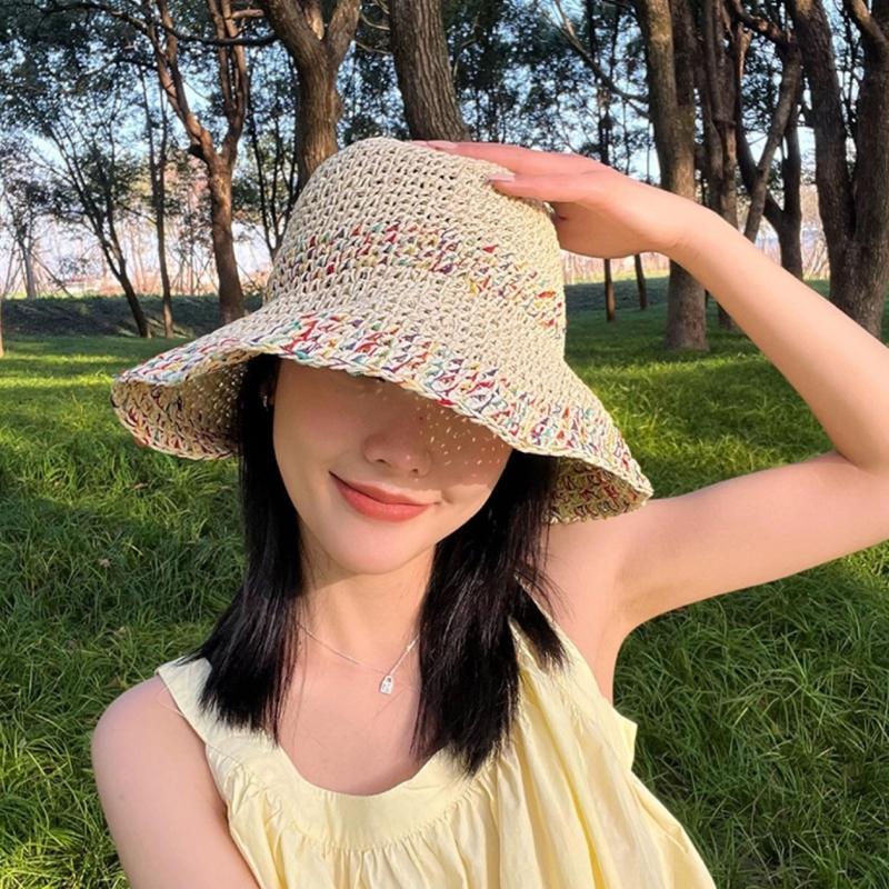 Elegant Straw Hat Bucket Hat Handwoven Breathable Crocheted Hat Holiday Vacation Hat Western Wide Brimmed