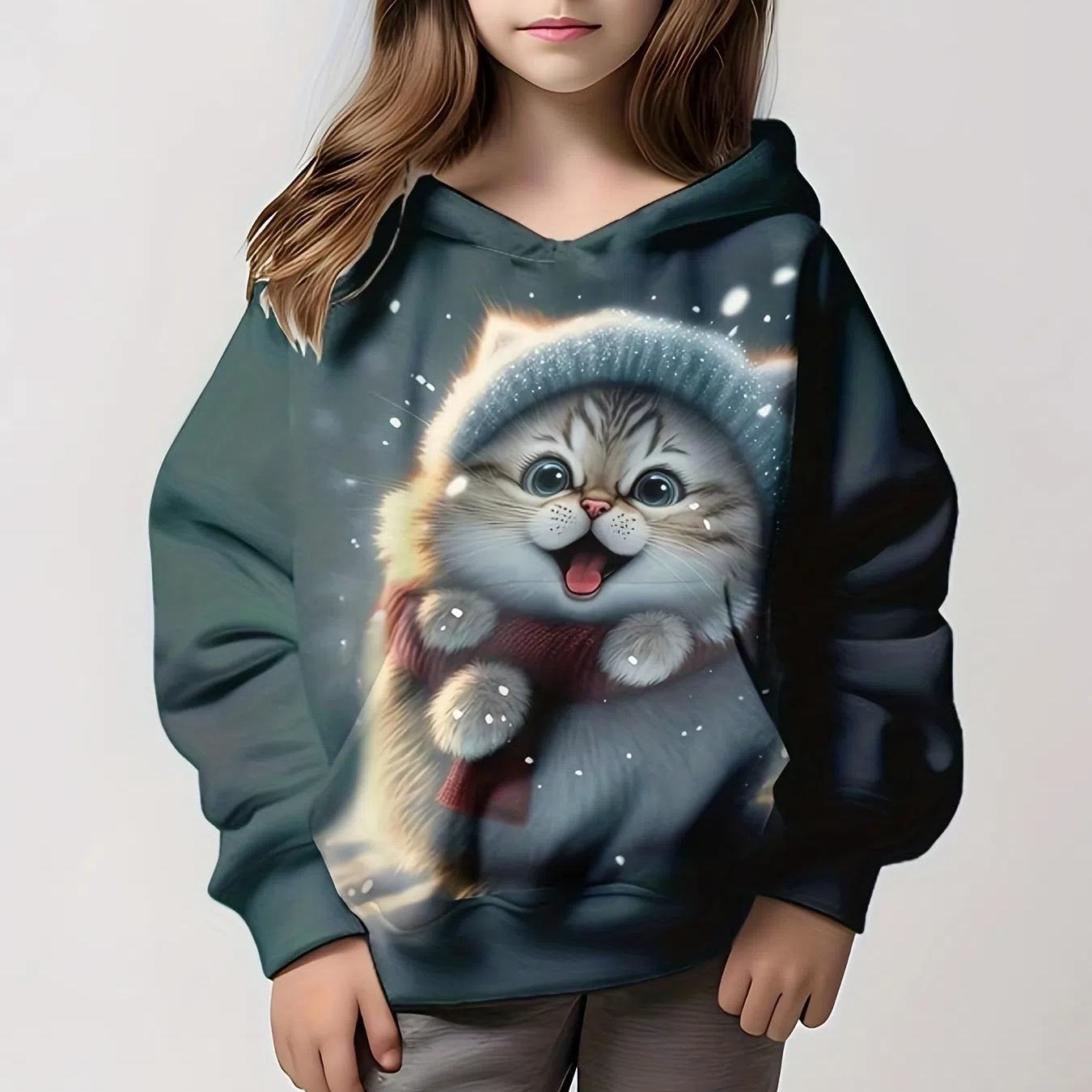 

Детская одежда Толстовки с капюшоном с длинным рукавом с принтом мультяшного кота Осенняя детская одежда для девочек Kawaii Girl Top Outdoor Kids Girl Clothing 160