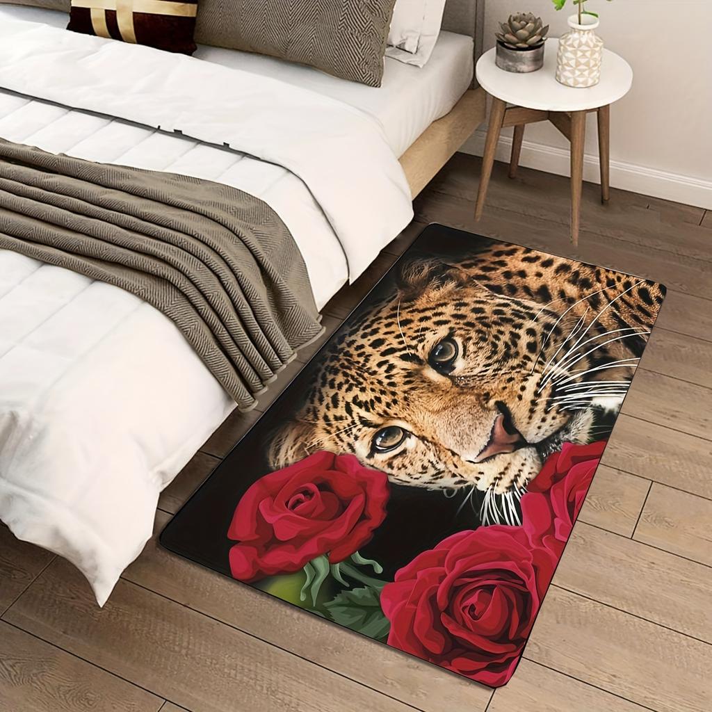 Red Rose Cheetah Print Living Room Carpet, Non-Slip Washable Animal Theme Rug for Bedroom Dining Room Home Decor