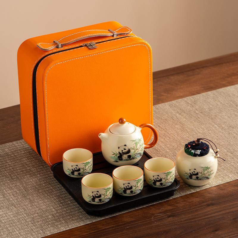 Guochao Open Film Ru Kiln Panda Kung Fu Travel Tea Set Teapot Teacup High-end Gift Box Business Companion Gift