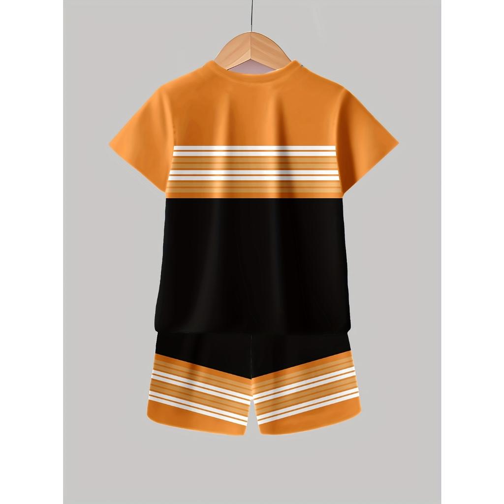 Multi-color Theme, Striped Letter 3D Printed Pattern, Soft Polyester Fabric, Suitable Casual Youngsters's Shorts Set