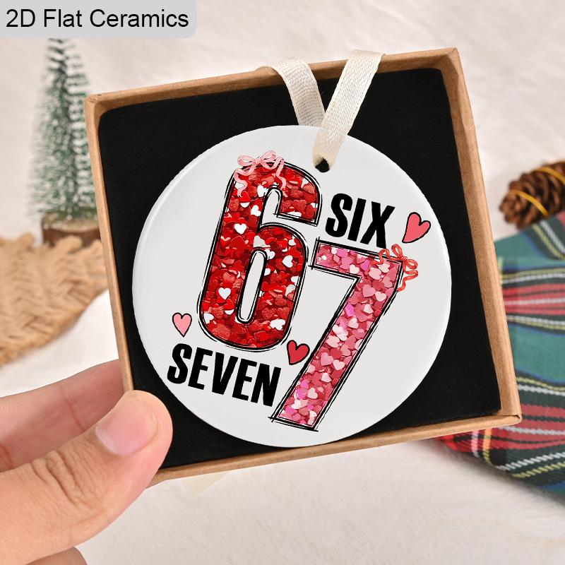Pink Number '67'Ceramic Ornament, Romantic Valentine’s Day Gift, Christmas Tree Hanging Decor, Backpack Charms,Valentine’s Day Anniversary Keepsake