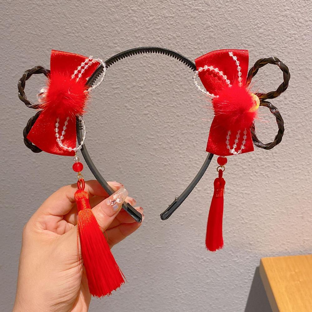 Red Flower Tassel Hairband Pigtail Wig Chinese Style Hair Hoop Fashion Hanfu Wig Headband  Children