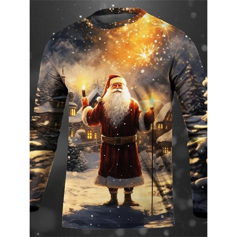 Merry Christmas 3D Print Rock Santa Claus Graphic Men's Long Sleeve T Shirt New In Crew Neck Oversized Tee Shirt Tops Streetwear