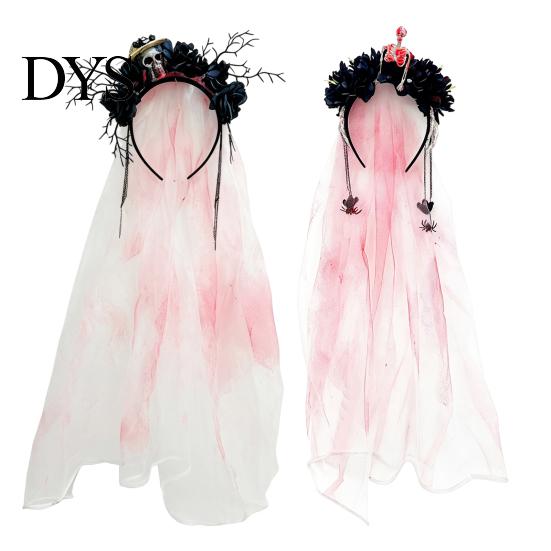 Halloween Ghost Bride Costume Gothic Flower Headband with Veil, Spooky Black Rose Dead Branch Skull Headpiece, Witch Hair Band Day of The Bridal Veil