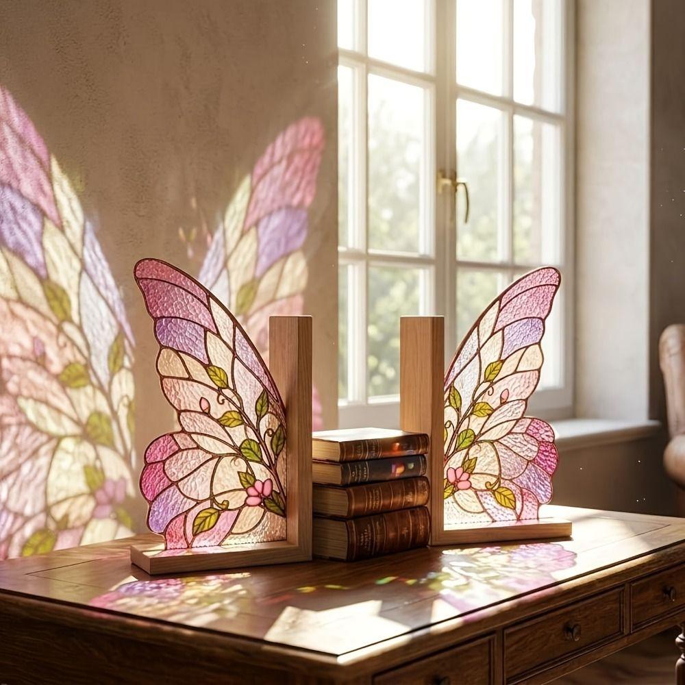 Acrylic Butterfly Wings Bookend Set Colorful Book Support with Bases Book Ornaments For Bookshelf