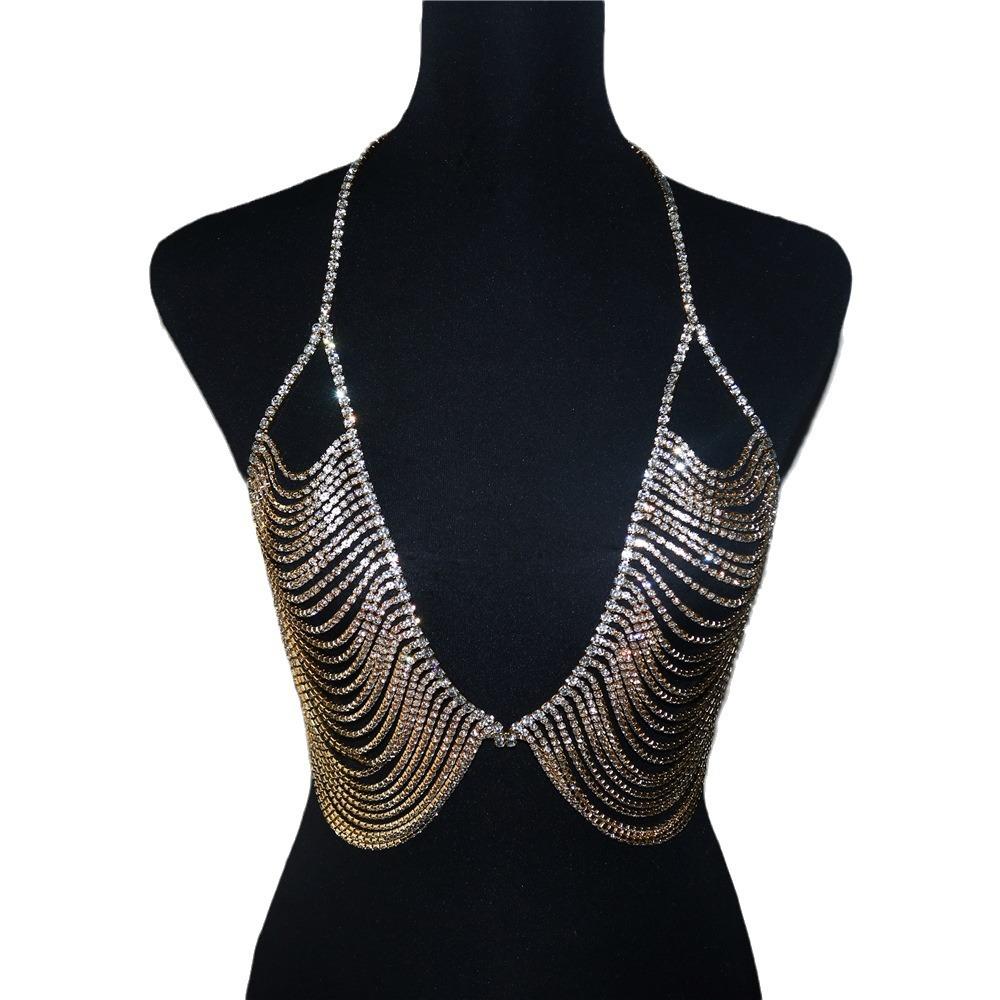 European and American Hot Rhinestone Hollow Jeweled Chest Necklace Irregular with Personality Tassel Bra Body Accessories Chain