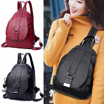 Women Girls Black Small Backpack Solid Faux Leather Casual Shoulder Bag MP