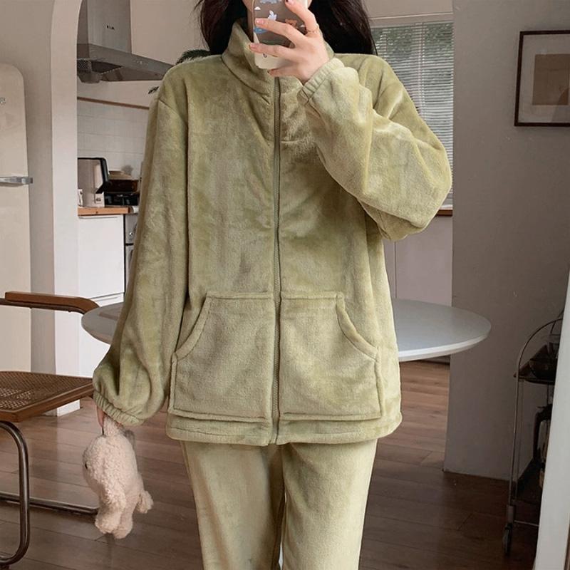 Women Sleepwear Winter Home Wear Thicken Pajamas Set Warm Coral Fleece High Collar