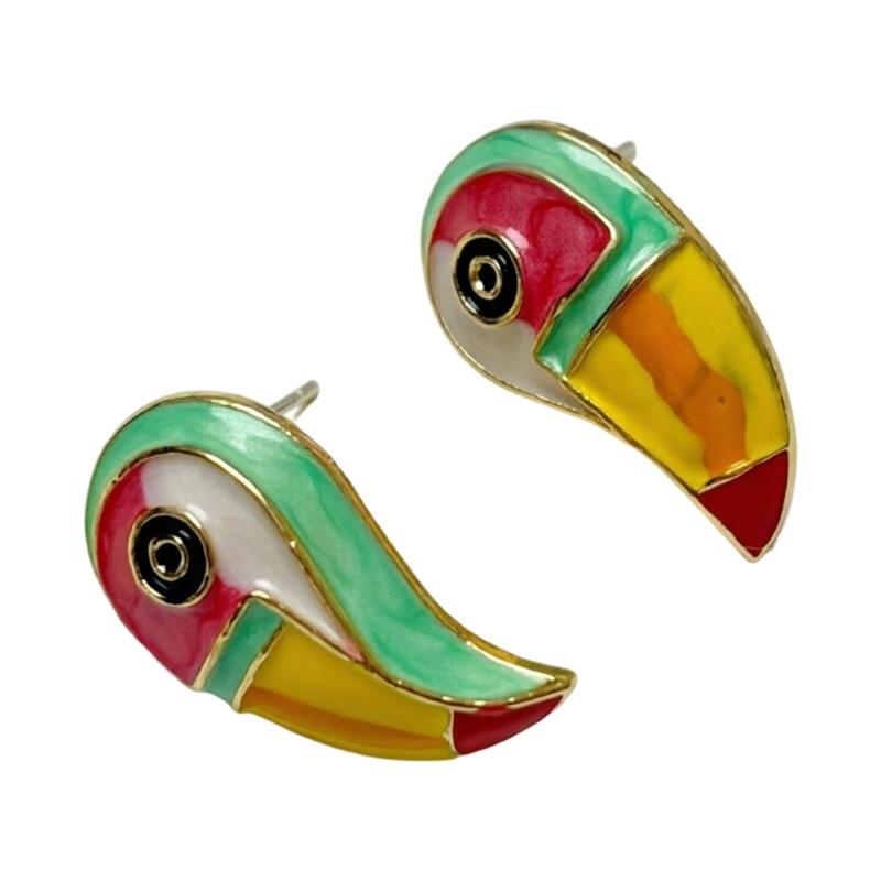 Toucan Ear Stud Pair Colorful Enamel-Look Design Gold-Tone Outline Statement Jewelry for Daily Wear and Party Looks