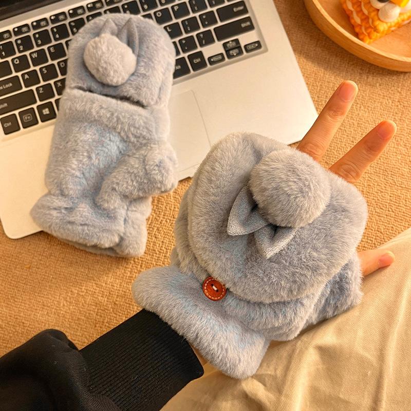 Cute Plush Rabbit Flip Open Finger Half Finger Plush Thickened Girl Cold