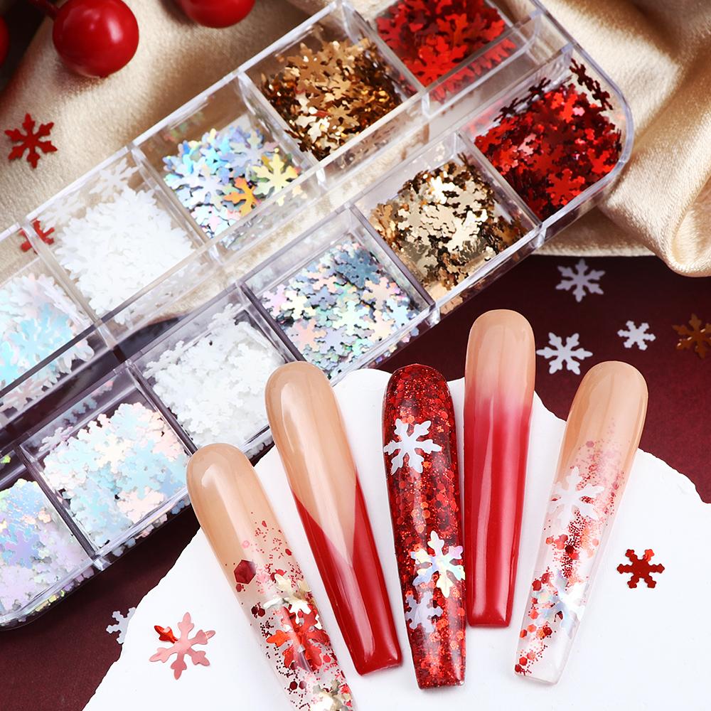 12 Komór White Snowflake Brokatowe Sequiny do Zdobienia Paznokci Czerwona Płatki Śniegu Dekoracja Świąteczne DIY Wzory na Paznokcie Akcesoria do Paznokci