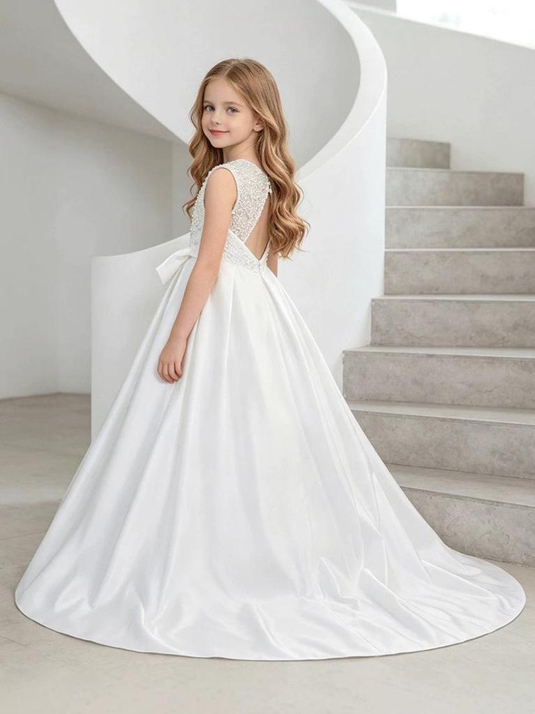 Girls' 2026 Satin Backless Train Dress for Piano & Host Performances