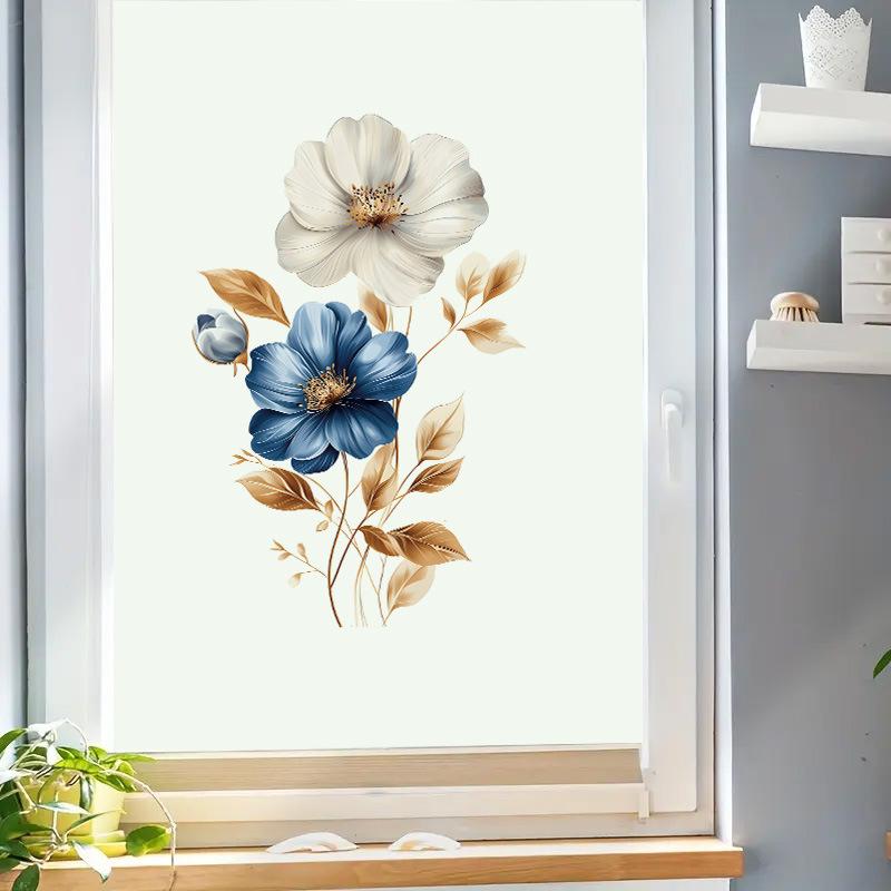 Simulated Blue White Floral Gold Leaves Wall Sticker Self-Adhesive Removable for Bedroom Hallway Elegant Home Decor Art