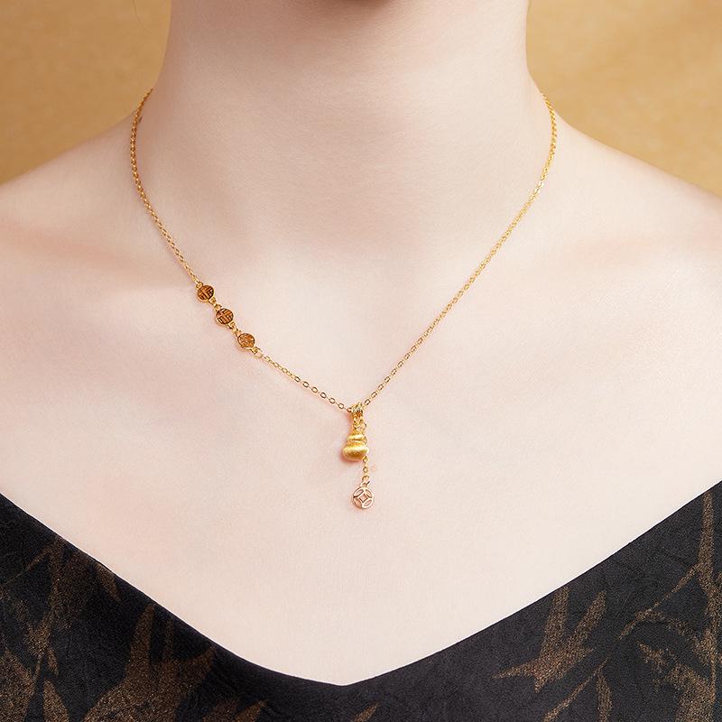 Sterling Silver Fu Character Copper Coin Gourd Pendant Necklace – Women's Wealth-Attracting Clavicle Chain