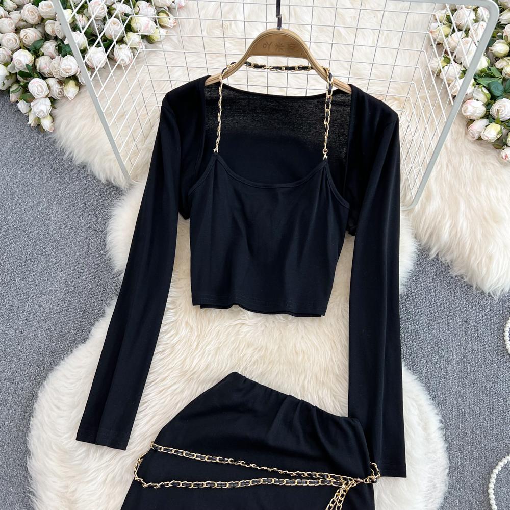 Fashion Suit Women Autumn Chain Halter Camisole Three-Piece Shawl Coat High Waist Bag Hip Skirt