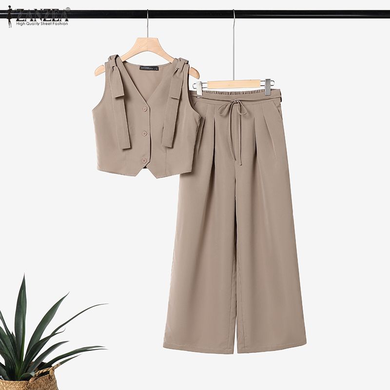 ZANZEA Women Sleeveless Blouse and Long Pants Summer Two Piece Suit Sets