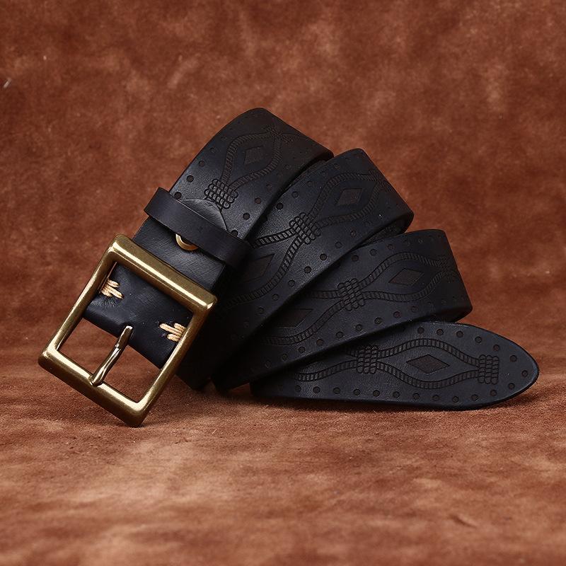 Retro Personality Trend Embossed Thickened First Layer Cowhide Belt Men'S Genuine Leather Copper Buckle Casual Jeans Belt Men'S
