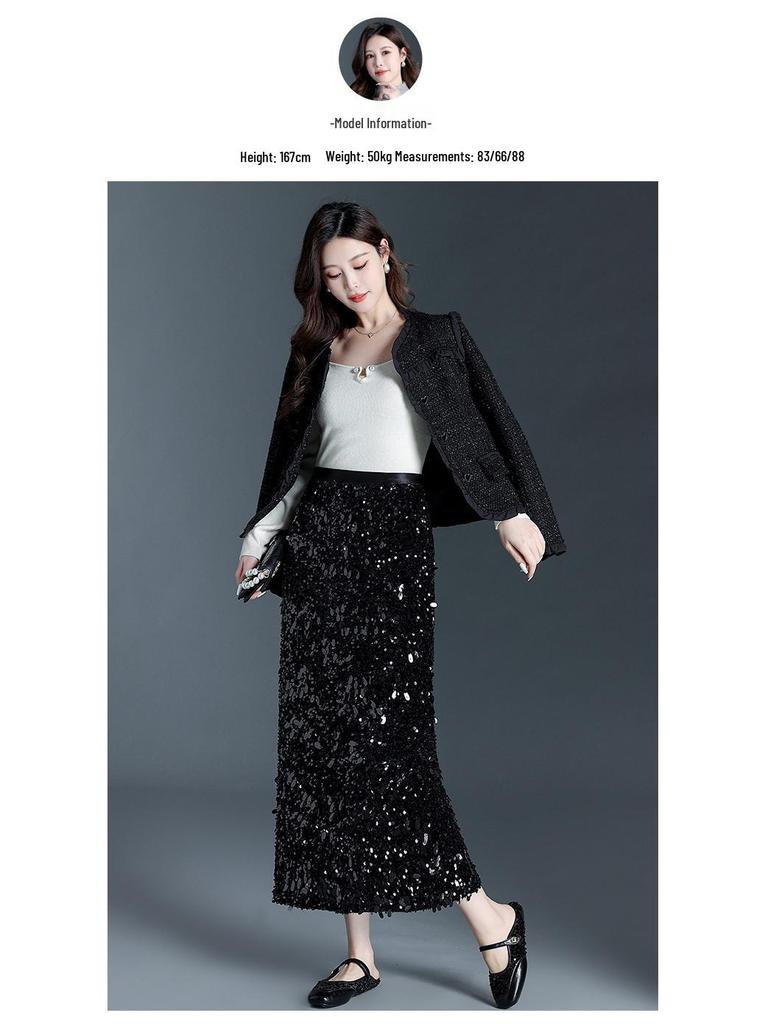 Winter Women's High-Waisted Velvet Sequin Bodycon Skirt - Stylish, Slimming, and Hip-Covering Design