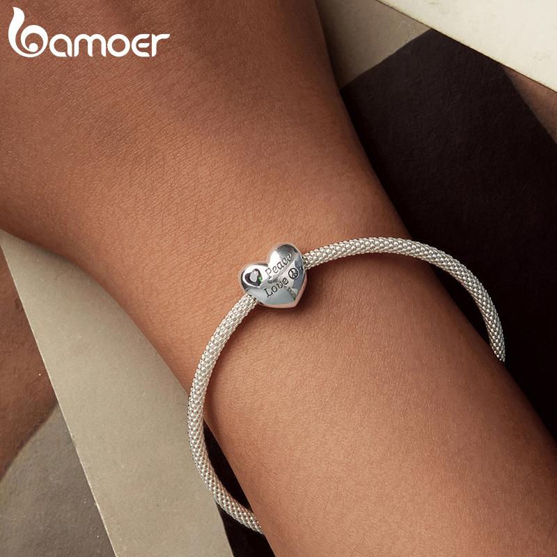 BAMOER 925 Sterling Silver Peace Charm Anti War Charm Peace & Love Silicone Safety Chain Fit Original Bracelet Necklace DIY Gift