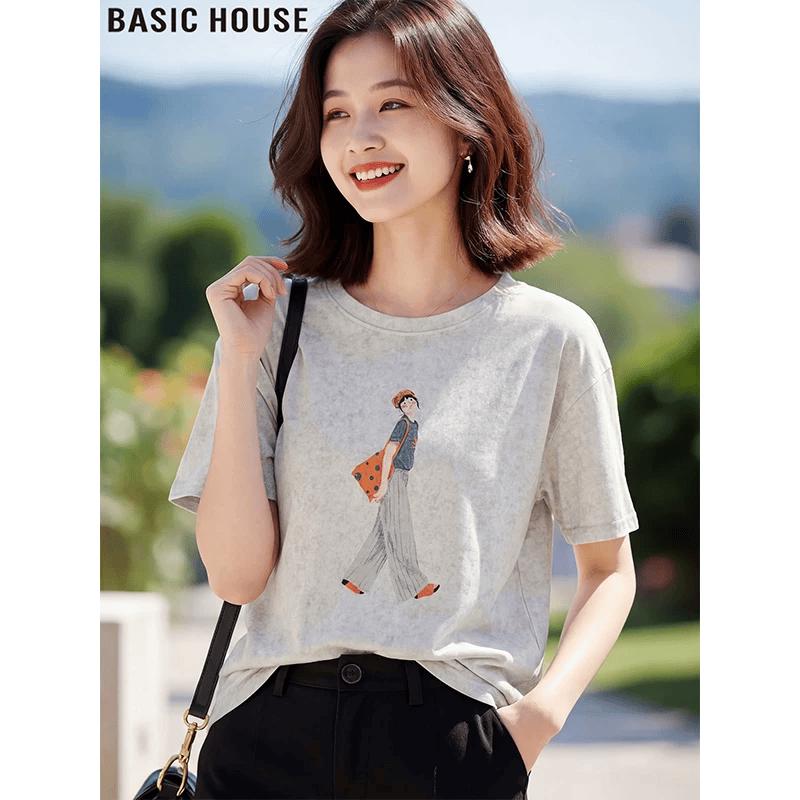 Basic House Women s Printed Round Neck Short Sleeve T-Shirt One Size