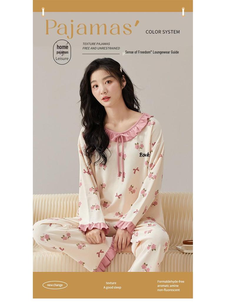 Dámské bavlněné pyžamo s dlouhým rukávem s kresleným potiskem na rok 2024: Tenký, nositelný venku, ideální pro podzim/zimu/jaro