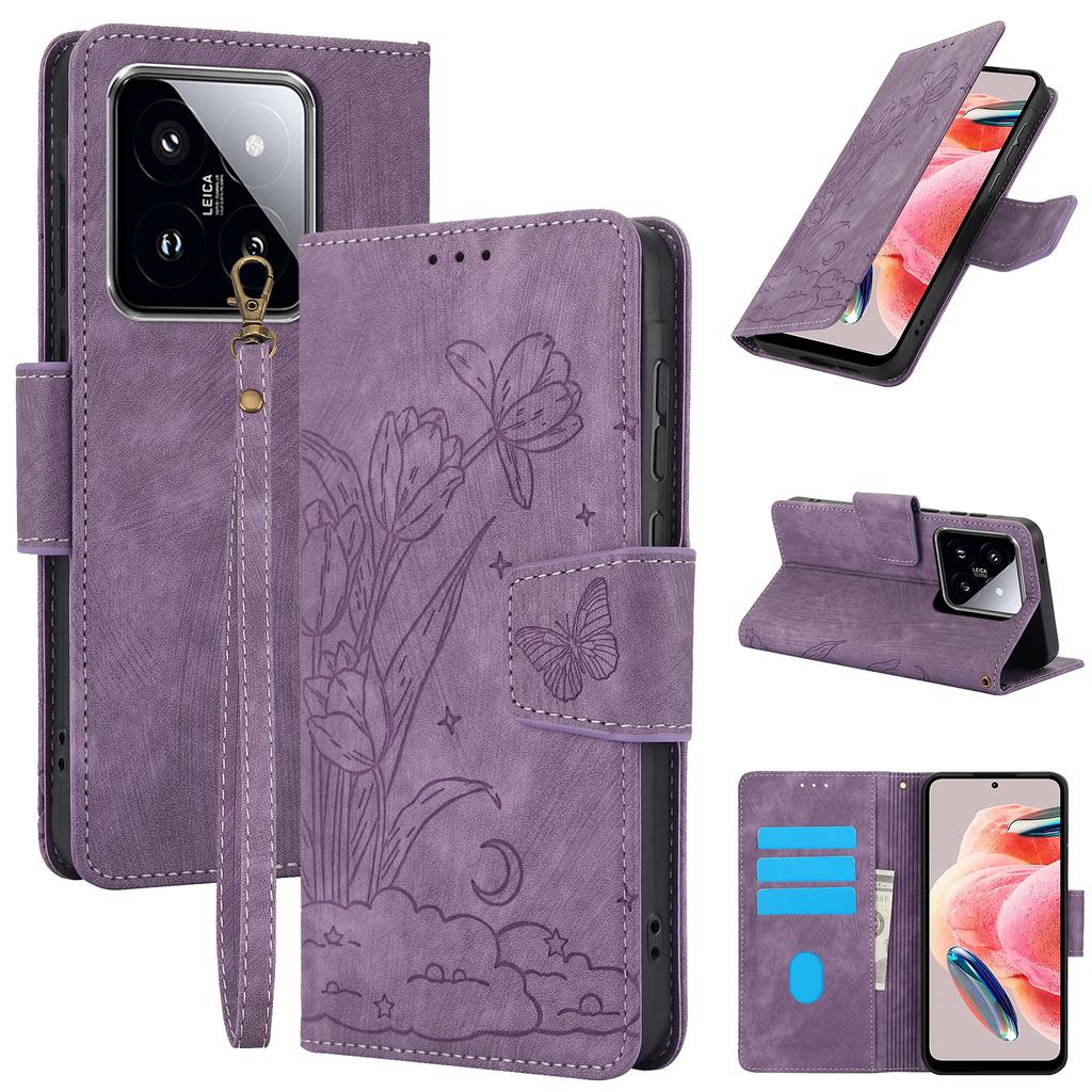 SY-001 For Xiaomi 14T Pro Case Flower Butterfly Leather Wallet Phone Cover with Hand Strap